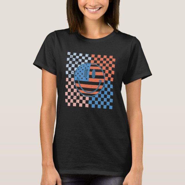 Camiseta American Checkered Flag Smile Face Retro 4th Of Ju (Frente)