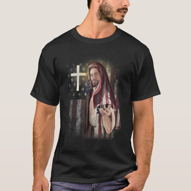 Camiseta American Flag And Jesus Happy Independence Day 4th (Frente)