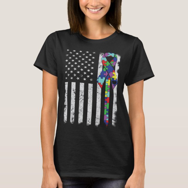 Camiseta American Flag Autism Awareness Teacher Mom Support (Frente)