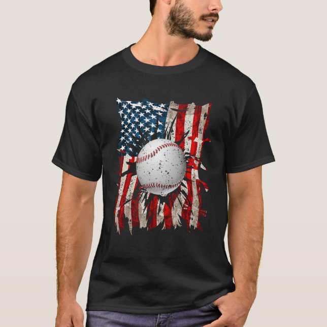 Camiseta American Flag Baseball Red White Blue 4th of July  (Frente)