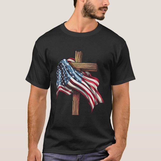 Camiseta American Flag Christian Cross Jesus 4 de julho (Frente)