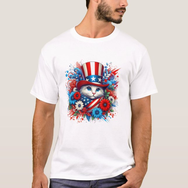 Camiseta American Flag Flower Cat (Frente)