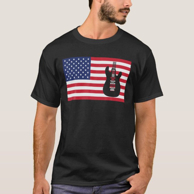 Camiseta American Flag Guitar 4 De Julho Finge Música Men W (Frente)