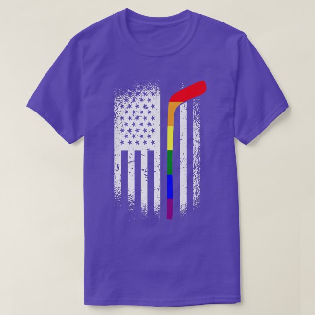Camiseta American Flag Hockey LGBT-Q Rainbow Bat Gay Pride  (Frente do Design)