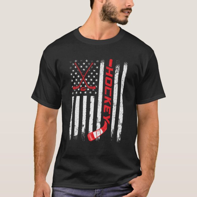 Camiseta American Flag Ice Hockey USA Funny Patriny Esporte (Frente)