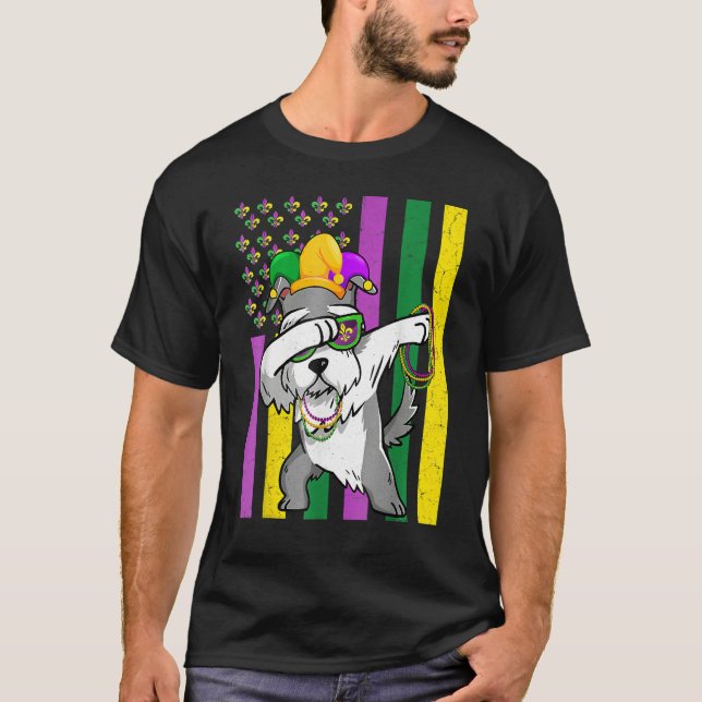 Camiseta American Flag Mardi Gras Schnauzer Dog Festival Pu (Frente)