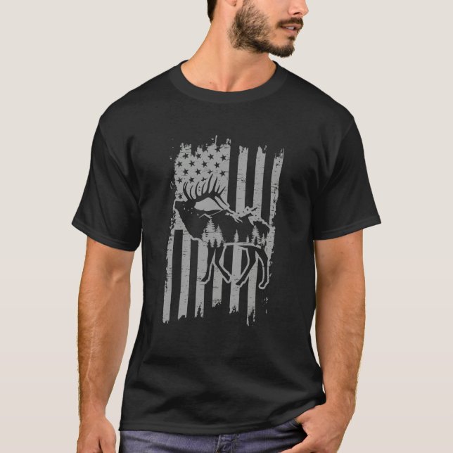 Camiseta American Flag Moose Alaska Specie Wild Animal Hunt (Frente)