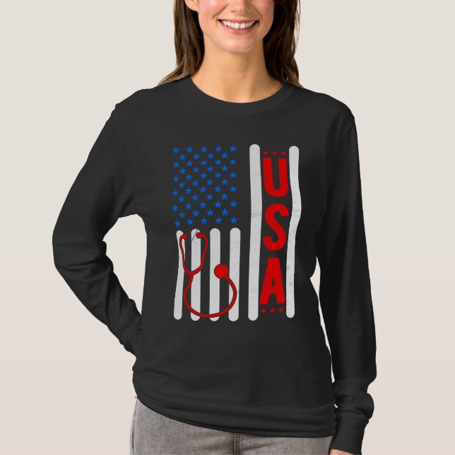 Camiseta American Flag Patriotic USA Nurse Life RN LPN CNA  (Frente)