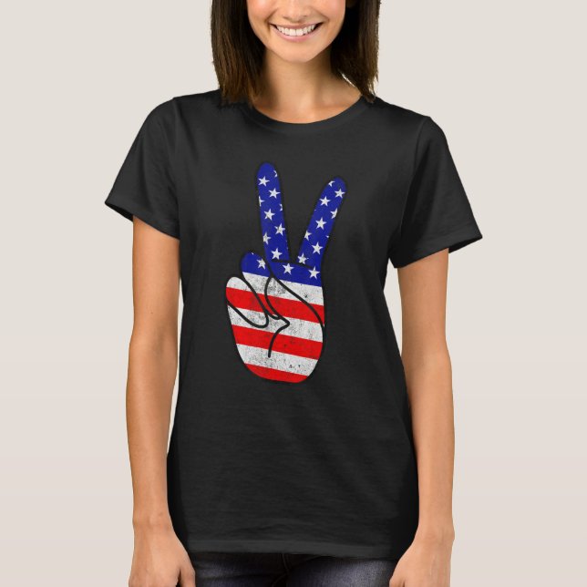 Camiseta American Flag Peace Sign Hand Patriotic 4th Of Jul (Frente)