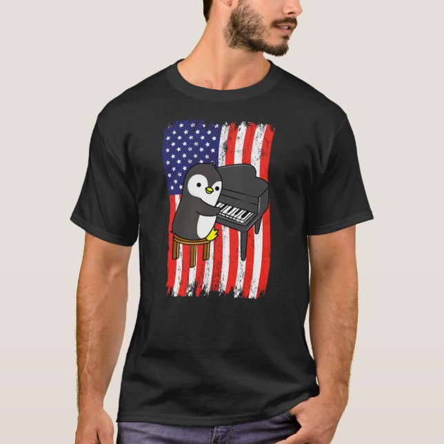 Camiseta American Flag Penguin Playing Piano (Frente)