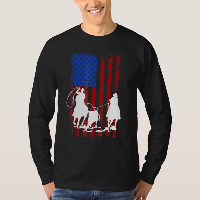 Camiseta American Flag Team Roping Horse 4 de julho Patrio (Frente)