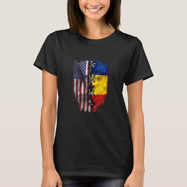 Camiseta American Grown romena Roots USA Romênia Bandeira (Frente)
