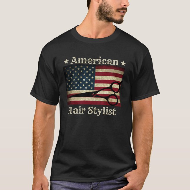 Camiseta American Hair Stylist  Shears Tools American Flag  (Frente)