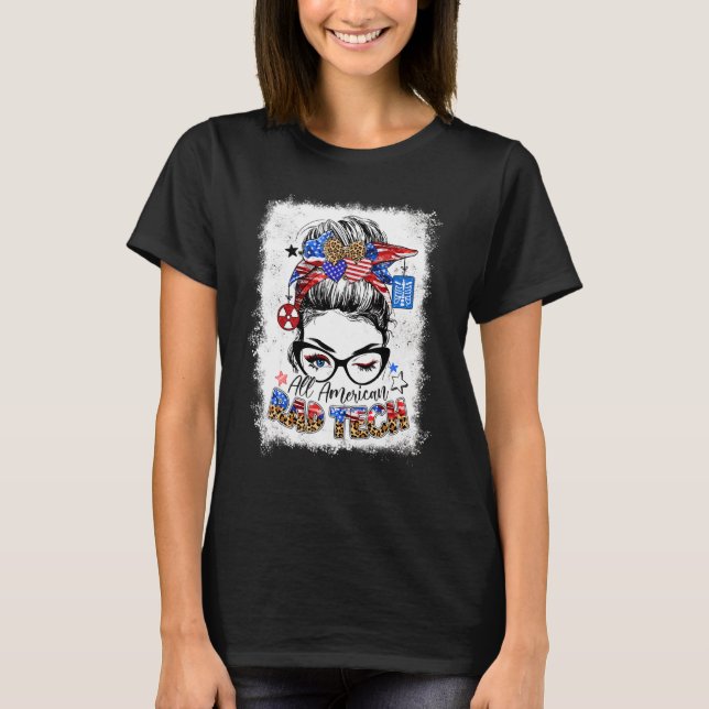 Camiseta American Rad Tech Usa Flag Leopard Messy Bun 4th O (Frente)
