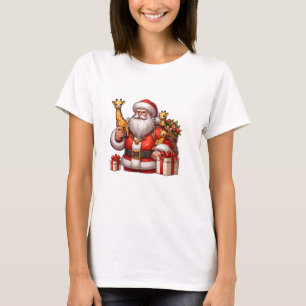 Camiseta American Santa Claus segurando Girafa presente Nat