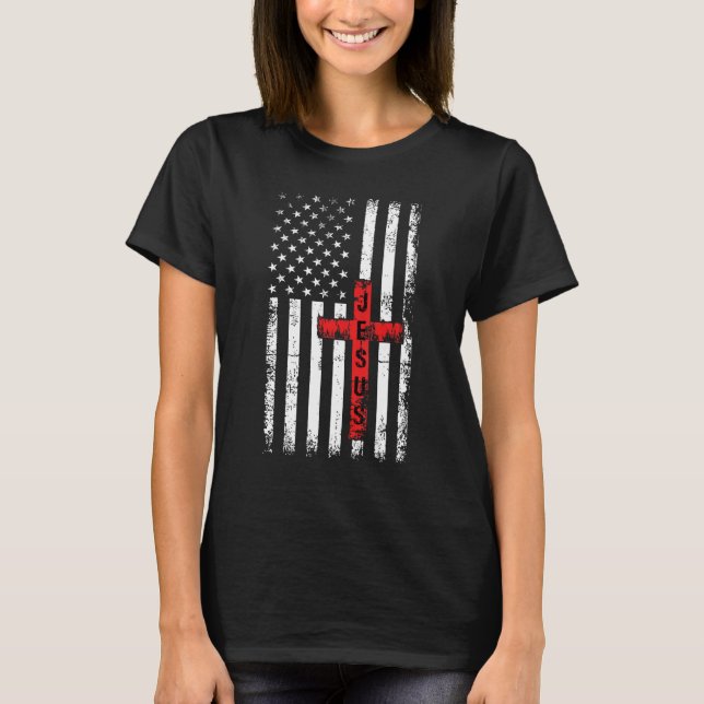 Camiseta American USA Flag Christian Cross Jesus 4th Of Jul (Frente)