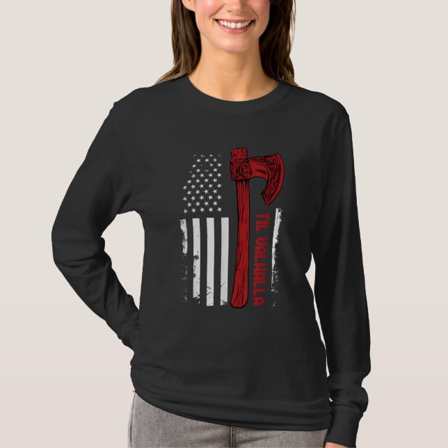 Camiseta American Viking Ax Flag - Til Valhalla - Norse My (Frente)