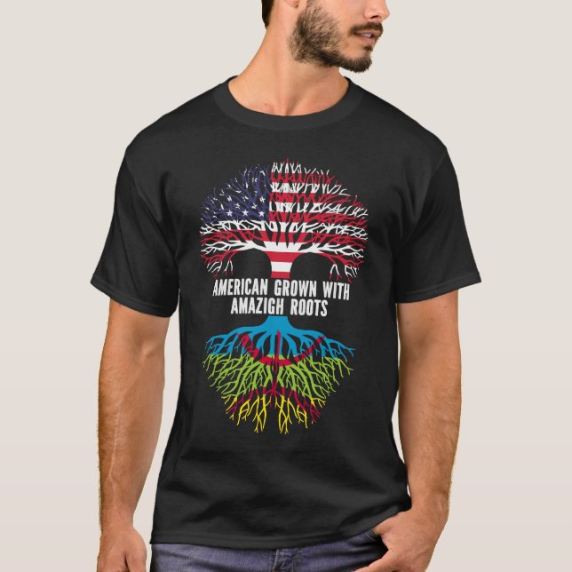 Camiseta Americano cresceu com Amazigh Roots USA Flag (Frente)