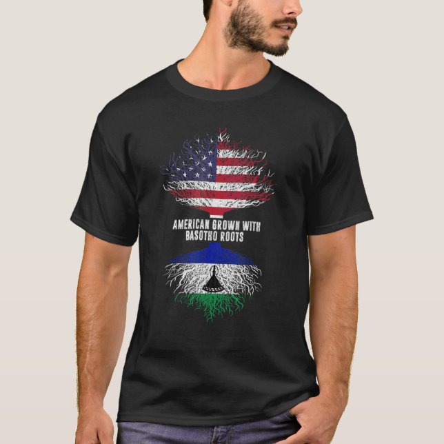 Camiseta Americano Cresceu Com Basotho Roots Usa Flag Lesot (Frente)