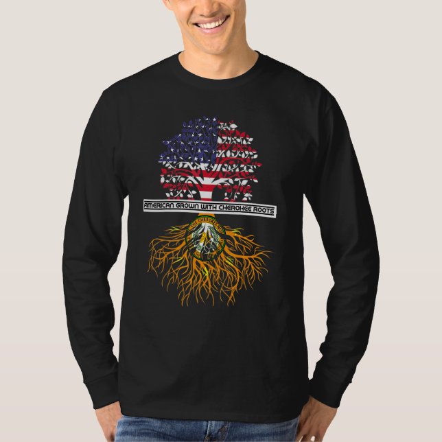 Camiseta Americano Cresceu com Cherokee Roots Tribe Native (Frente)