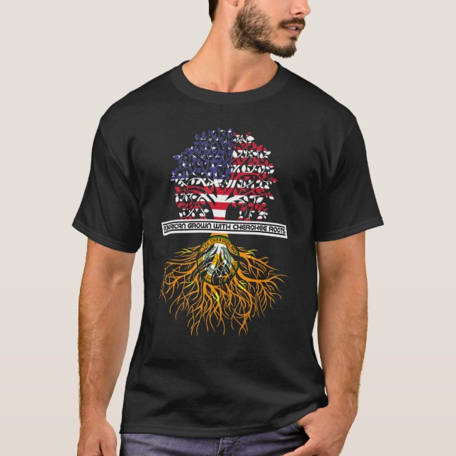 Camiseta Americano Cresceu com Cherokee Roots Tribe Native (Frente)