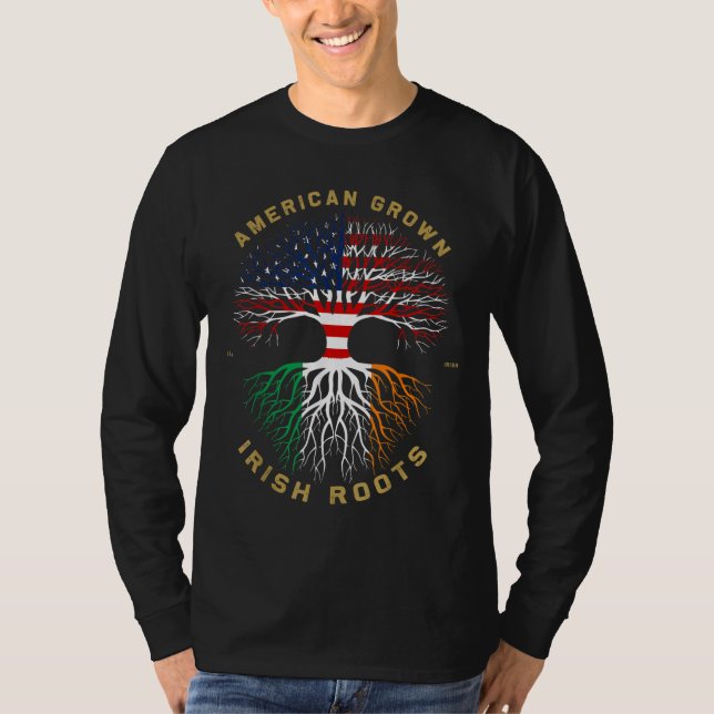 Camiseta Americano Cresceu com Irish Roots Tree USA Flag Un (Frente)