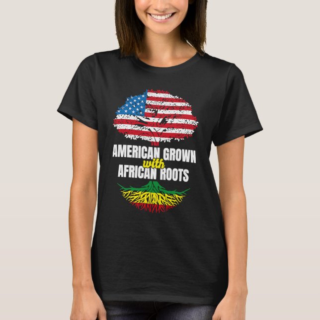 Camiseta Americano Cresceu com Raízes Africanas História Ne (Frente)