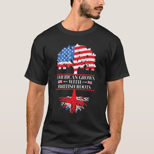 Camiseta Americano Cresceu Com Raízes Britânicas Usa Grã-Br (Frente)