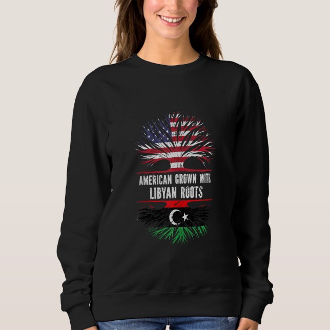 Camiseta Americano Cresceu com Raízes Líbias e Bandeira Dos (Frente)