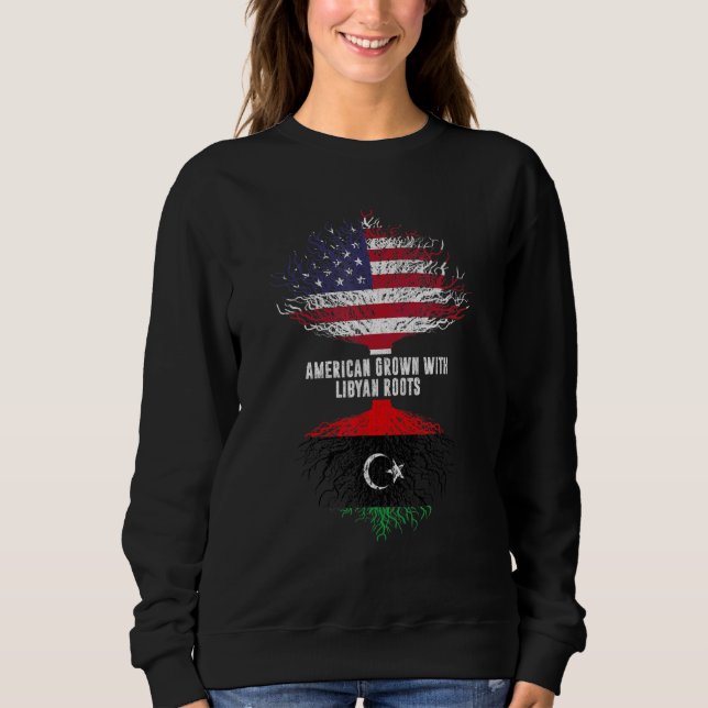 Camiseta Americano Cresceu com Raízes Líbias e Bandeira Dos (Frente)
