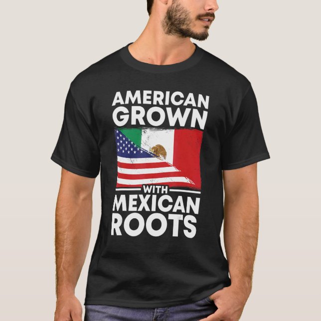 Camiseta Americano cresceu com raízes mexicanas e bandeira  (Frente)