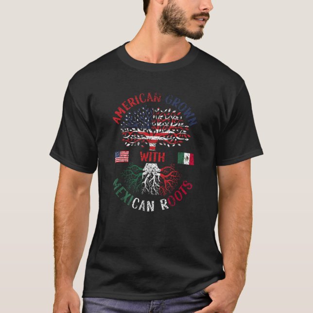 Camiseta Americano cresceu com raízes mexicanas México EUA  (Frente)