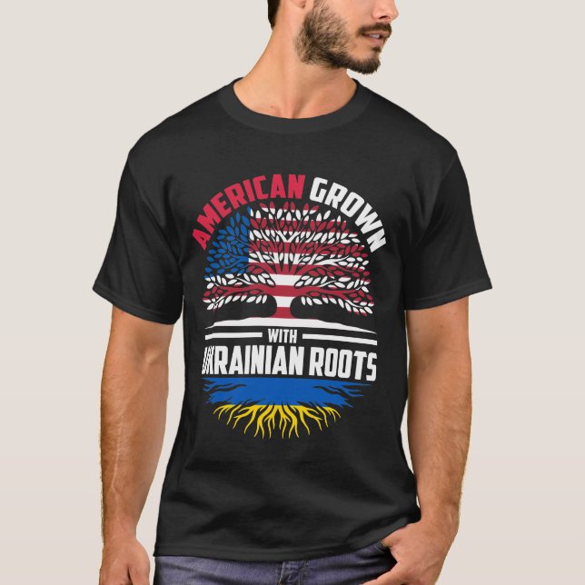 Camiseta Americano Cresceu Com Raízes Ucranianas Bandeira F (Frente)