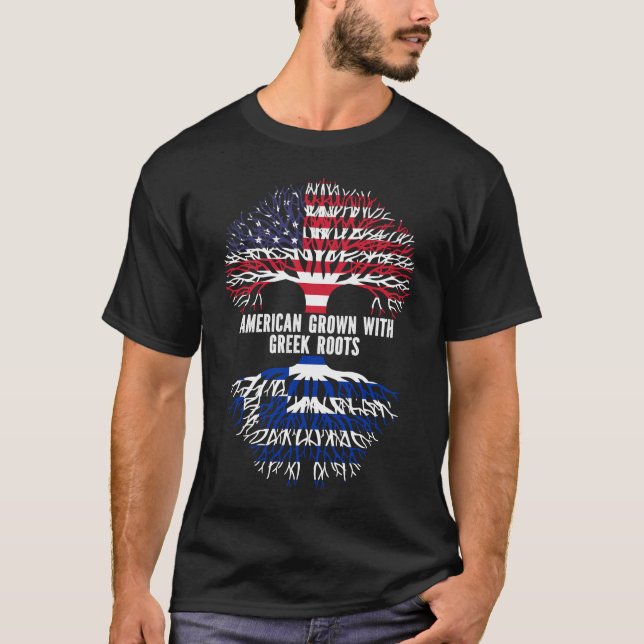Camiseta Americano crescido com bandeira grega raízes EUA (Frente)