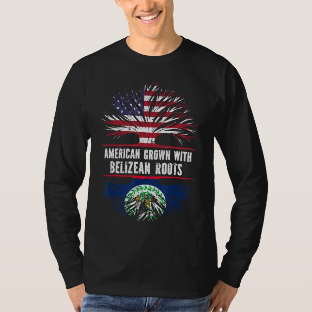 Camiseta Americano crescido com Belizean Roots USA Flag Bel (Frente)