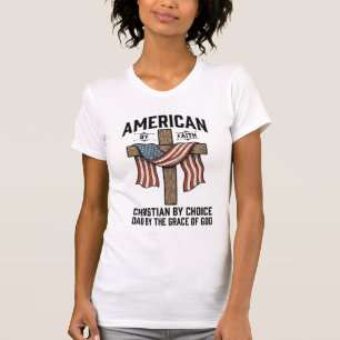 Camiseta Americano pela Fé Pai Cristão Cruz Patriótica Cam