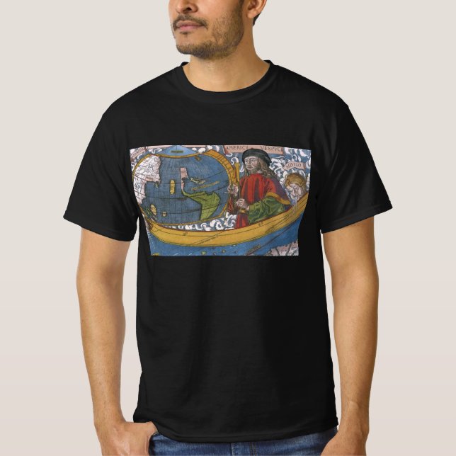Camiseta Amerigo Vespucci Explorer em um mapa das Américas (Frente)