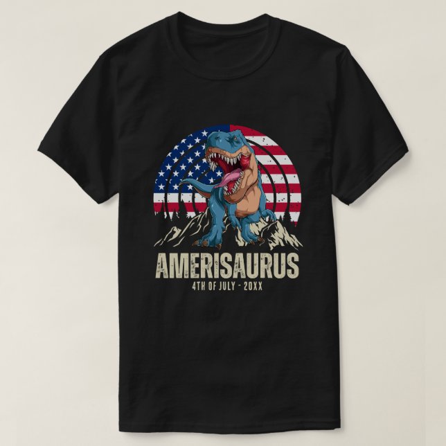 Camiseta Amerisauro 4 de julho Bandeira Americana Patriótic (Frente do Design)