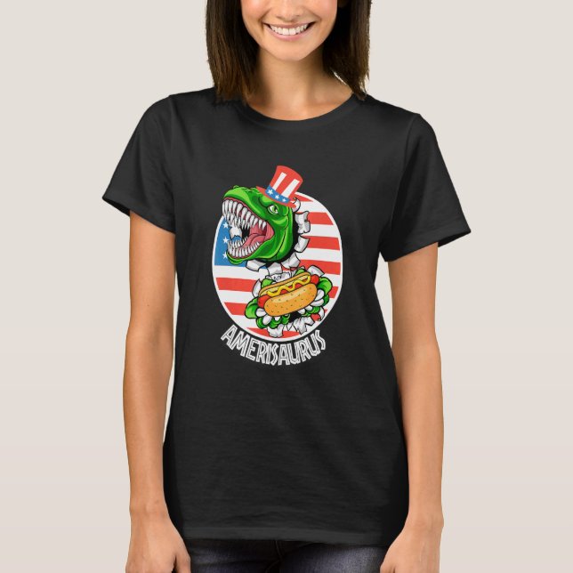 Camiseta Amerisauro Dinossauro Americano Rex Comendo Cachor (Frente)