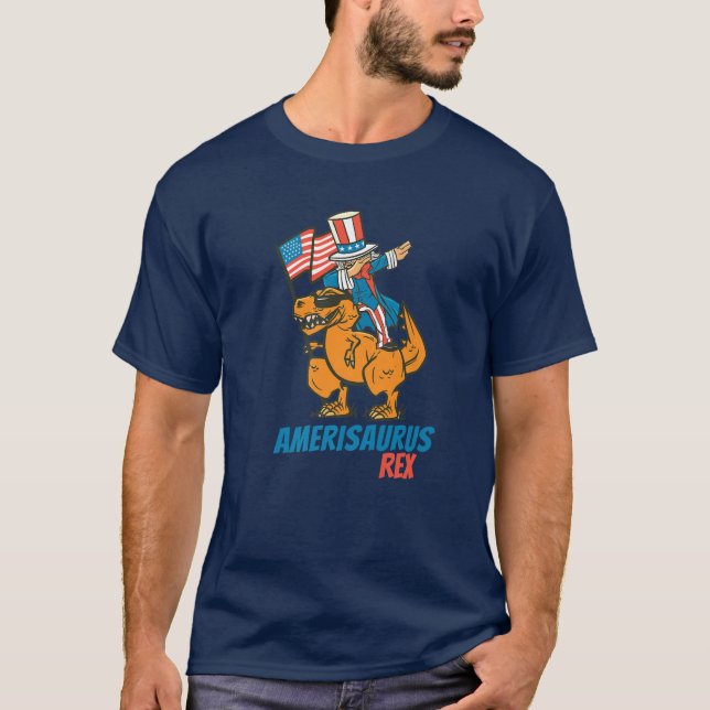 Camiseta Amerisauro Dinossauro T Rex Dabbing Tio Sam 4Th O (Frente)