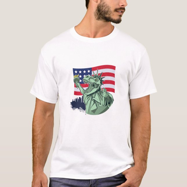 Camiseta Amerisaurus Dinossaur T Rex Estátua Da Liberdade A (Frente)