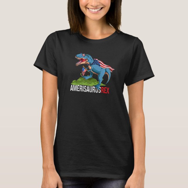 Camiseta Amerisaurus Rex 4 De Julho Dinossauro Para Meninos (Frente)