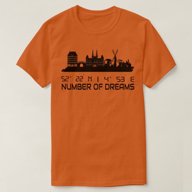 Camiseta Amesterdã Skyline GPS Coordena Cidade de Sonhos (Frente do Design)