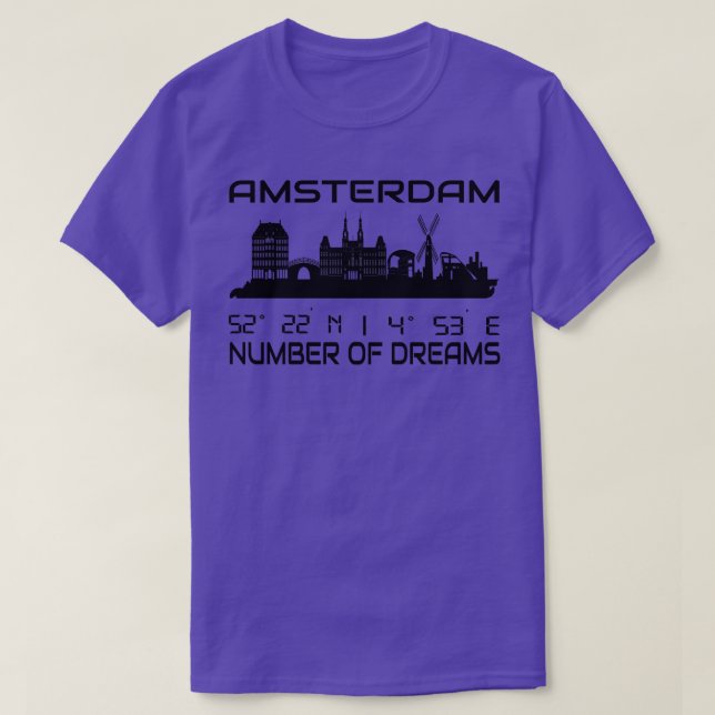 Camiseta Amesterdã Skyline GPS Coordena Cidade de Sonhos (Frente do Design)