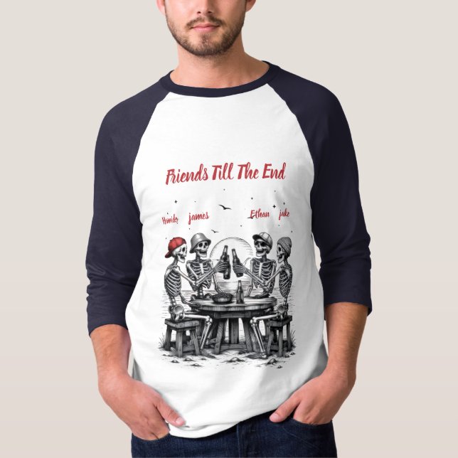 Camiseta Amigos Até o Fim Esqueleto Festa (Frente)