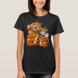 Camiseta Amigos da Abóbora Fofa Cachorro Gato Halloween 