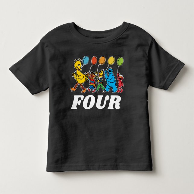 Camiseta Amigos da Rua Sésamo | Balões de Aniversário de 4  (Frente)