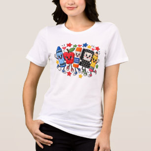 Camiseta Amigos de Material Escolar Bordado Cartoon