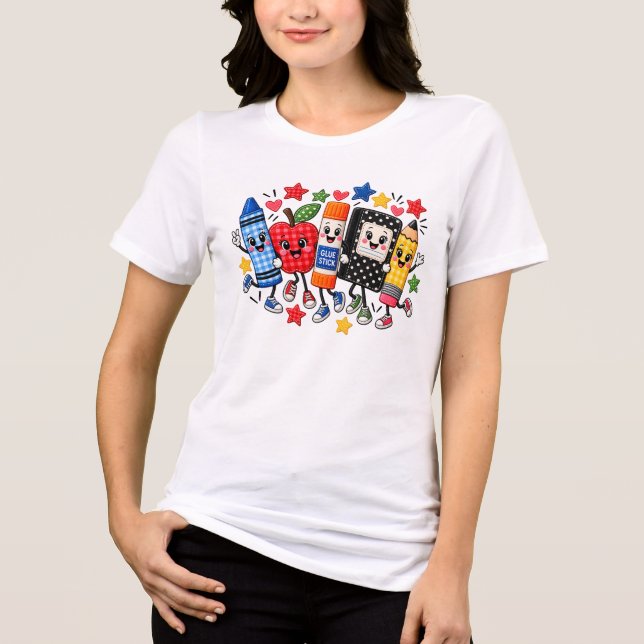 Camiseta Amigos de Material Escolar Bordado Cartoon (Frente)