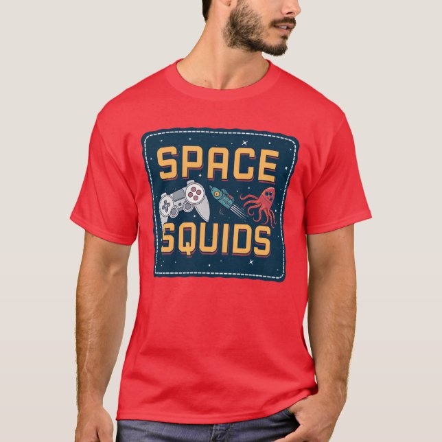 Camiseta Amigos do Jogo Retro de Vídeo dos Squids Espaciais (Frente)